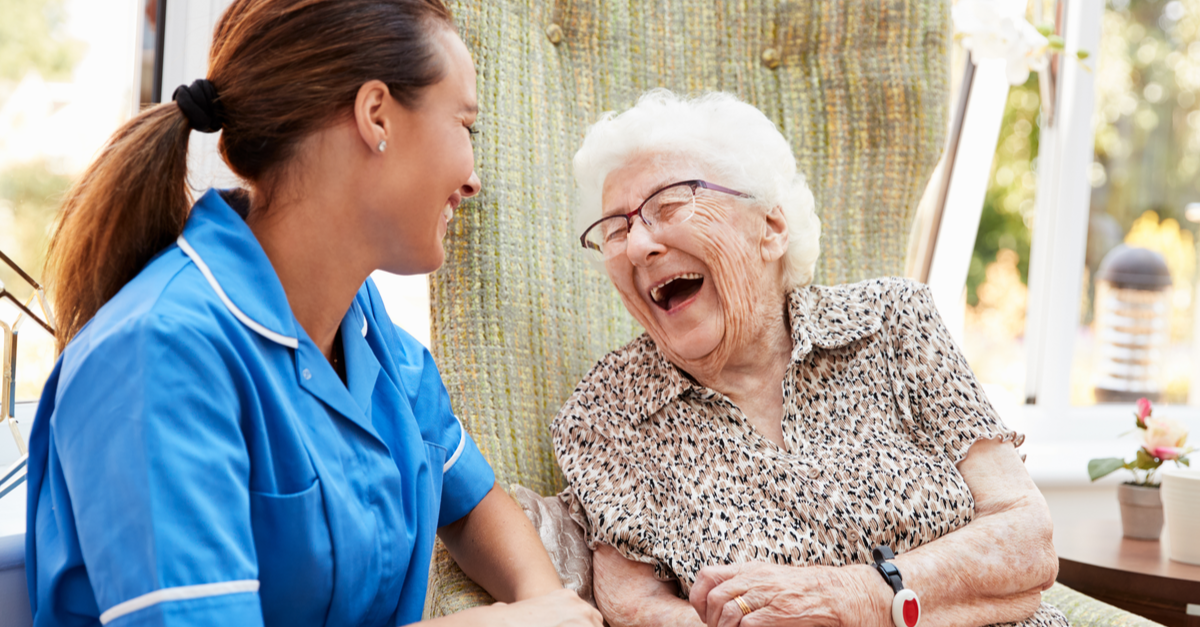 Stopping Health Care Workers from Becoming Patients: 3 Ergonomic Injury Risk Prevention Strategies 3 a nurse and an old lady laughing together