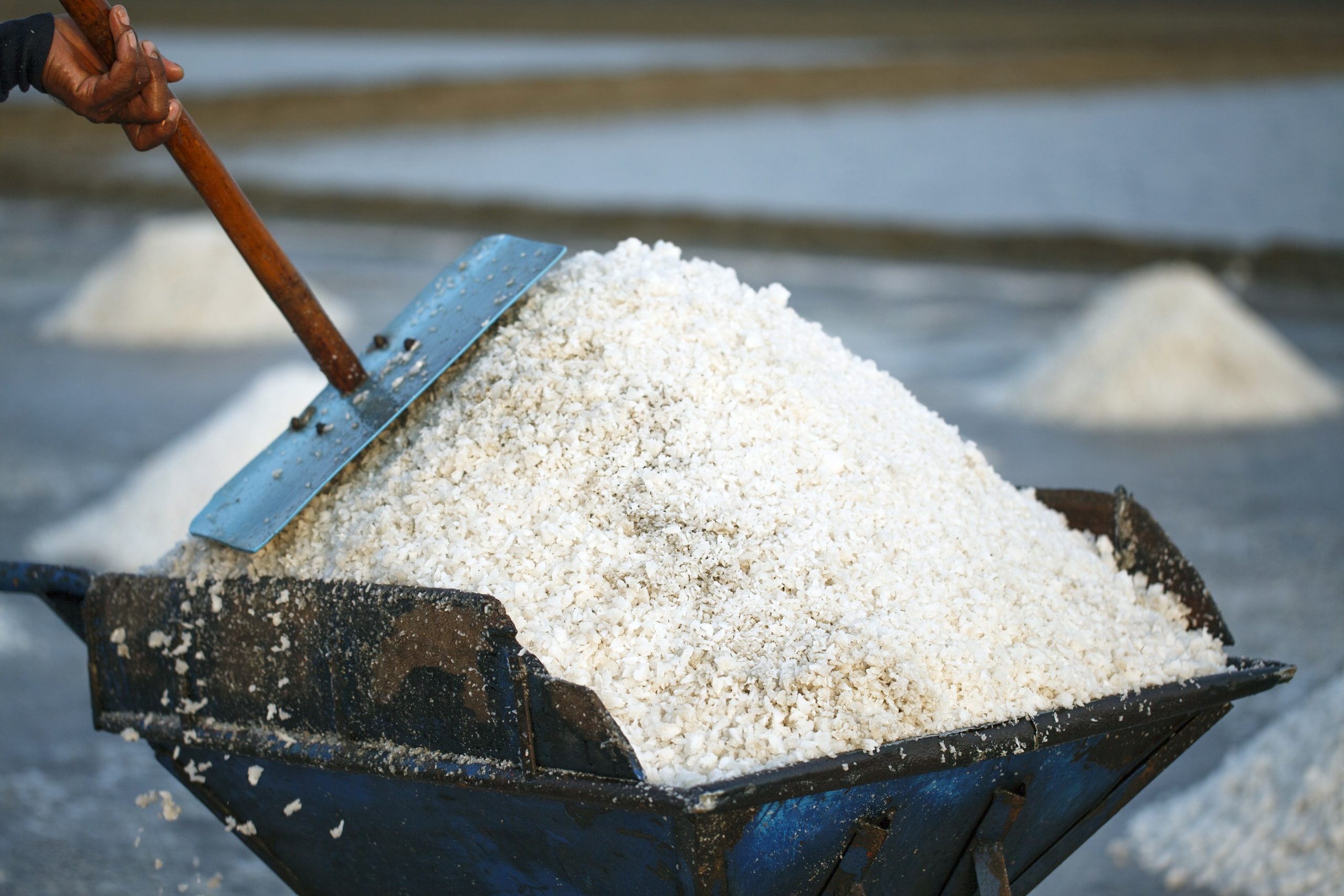 man scooping out salt with a shovel 